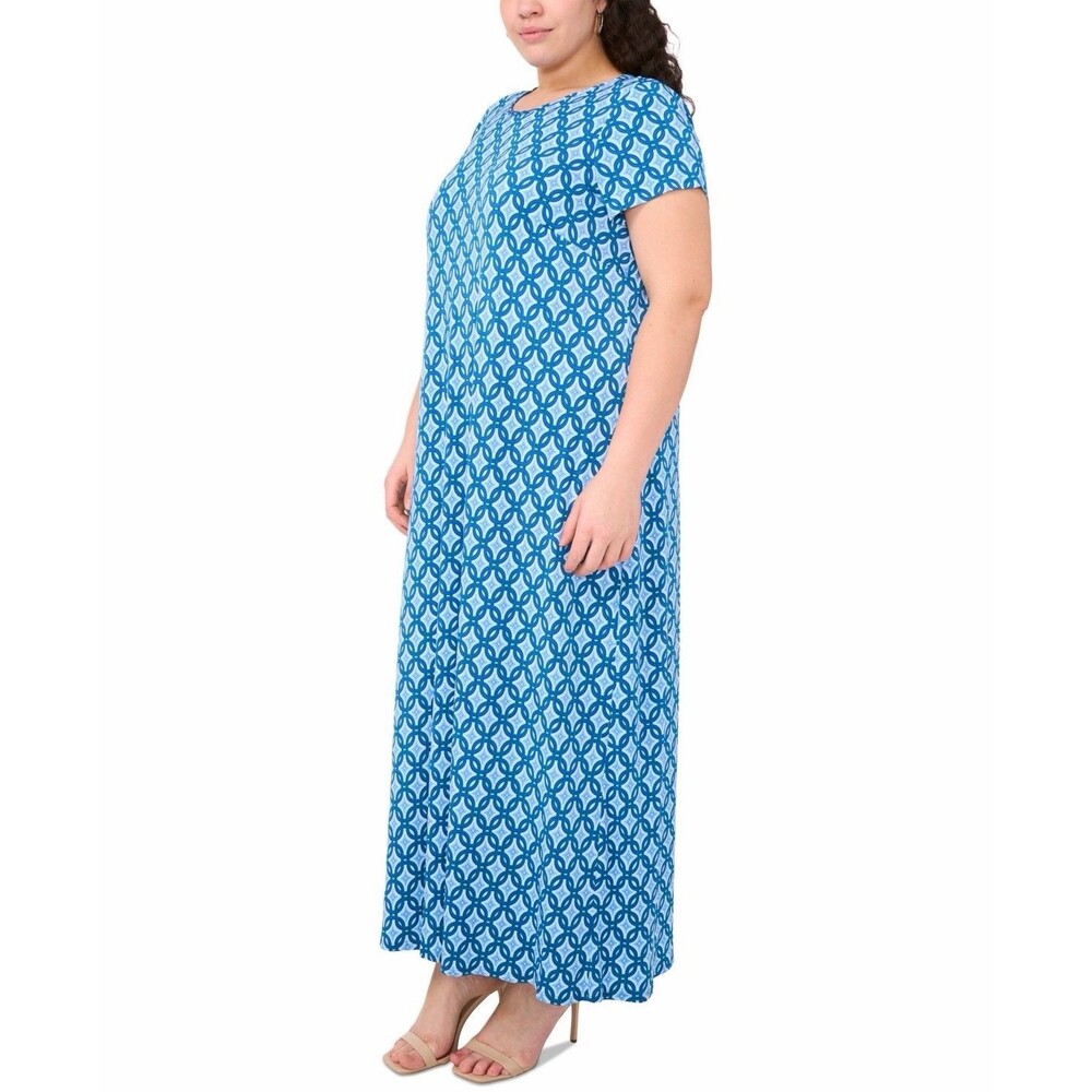 MSK Plus Size Printed Blue Round-Neck Short-Sleeve Maxi Dress 2X - Picture 3 of 6